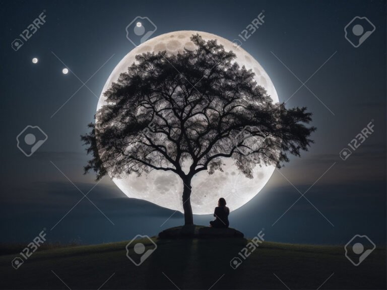 arbol bajo la luna en la noche