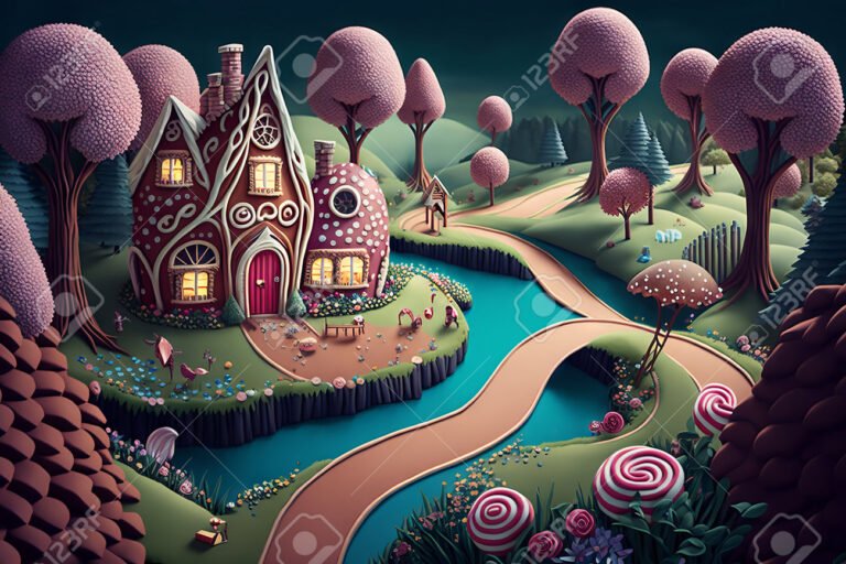 bosque oscuro con una casa de caramelos