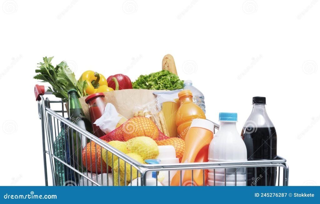 carrito de compras lleno con productos variados