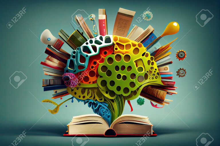 cerebro humano rodeado de libros y ideas