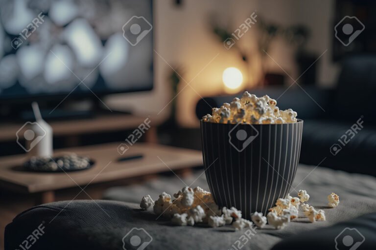 cine en casa con palomitas y sofa