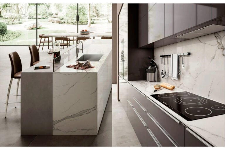 cocina moderna con porcelanato tipo marmol