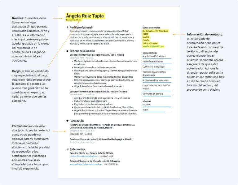 curriculum vitae con secciones resaltadas