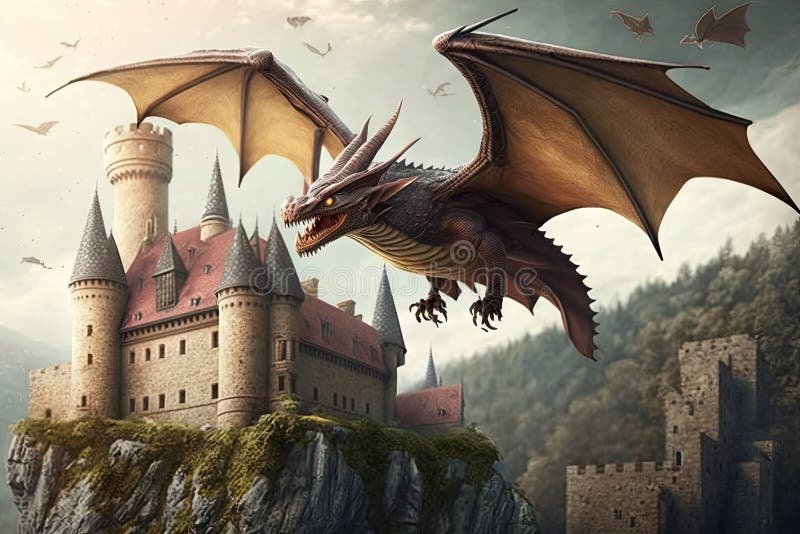 dragon volando sobre un castillo medieval