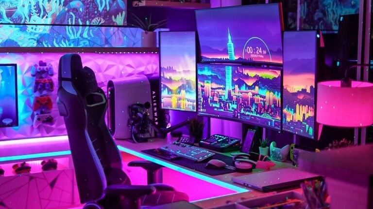 escritorio de gamer con luces led
