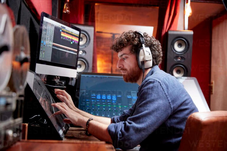 estudio musical con computadora y auriculares
