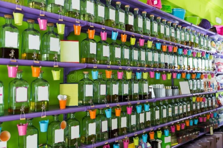 frascos de perfumes coloridos en estante