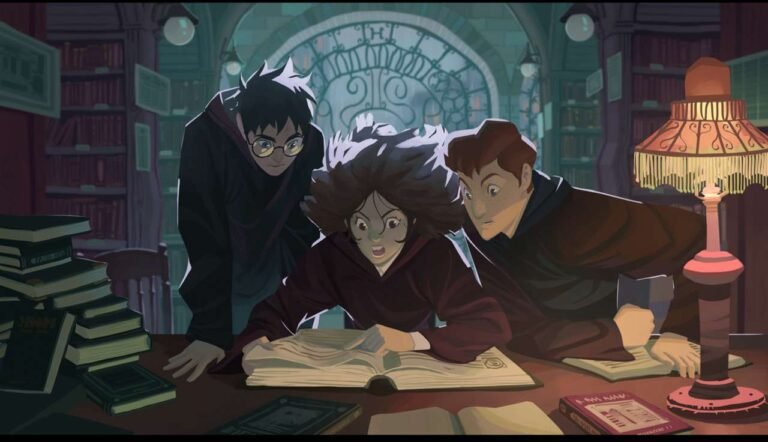 ilustracion de harry potter en una biblioteca