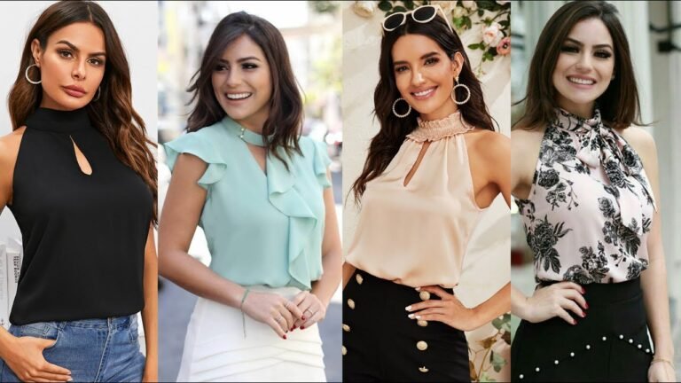 mujer elegante con blusa de cuello alto