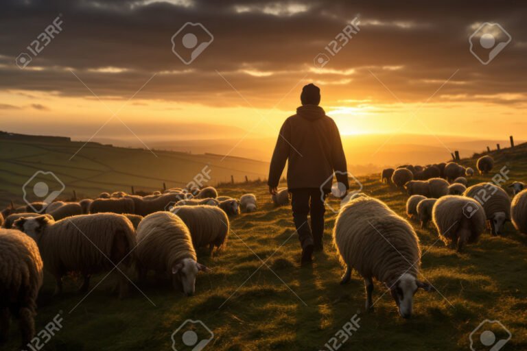 pastor cuidando ovejas en un paisaje sereno