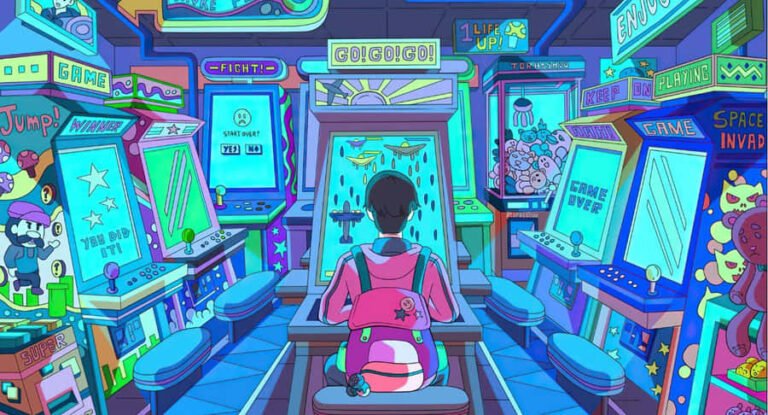 personaje de videojuego con fondo colorido