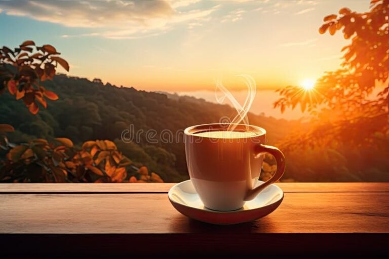 taza de cafe con un amanecer brillante